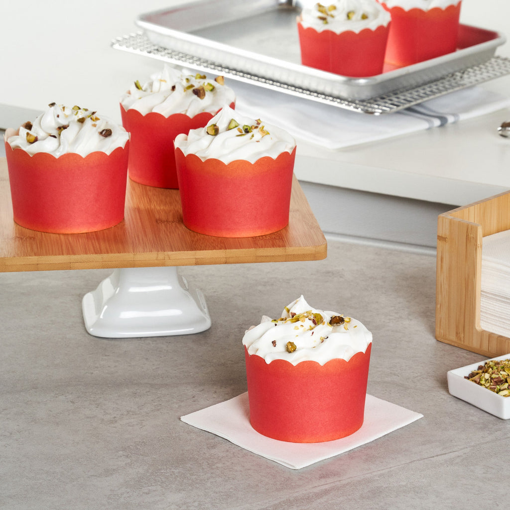 Panificio 10 oz Round Red Paper Jumbo Baking Cup - Scalloped - 3 1/2" x 3 1/2" x 2 1/2" - 200 count box