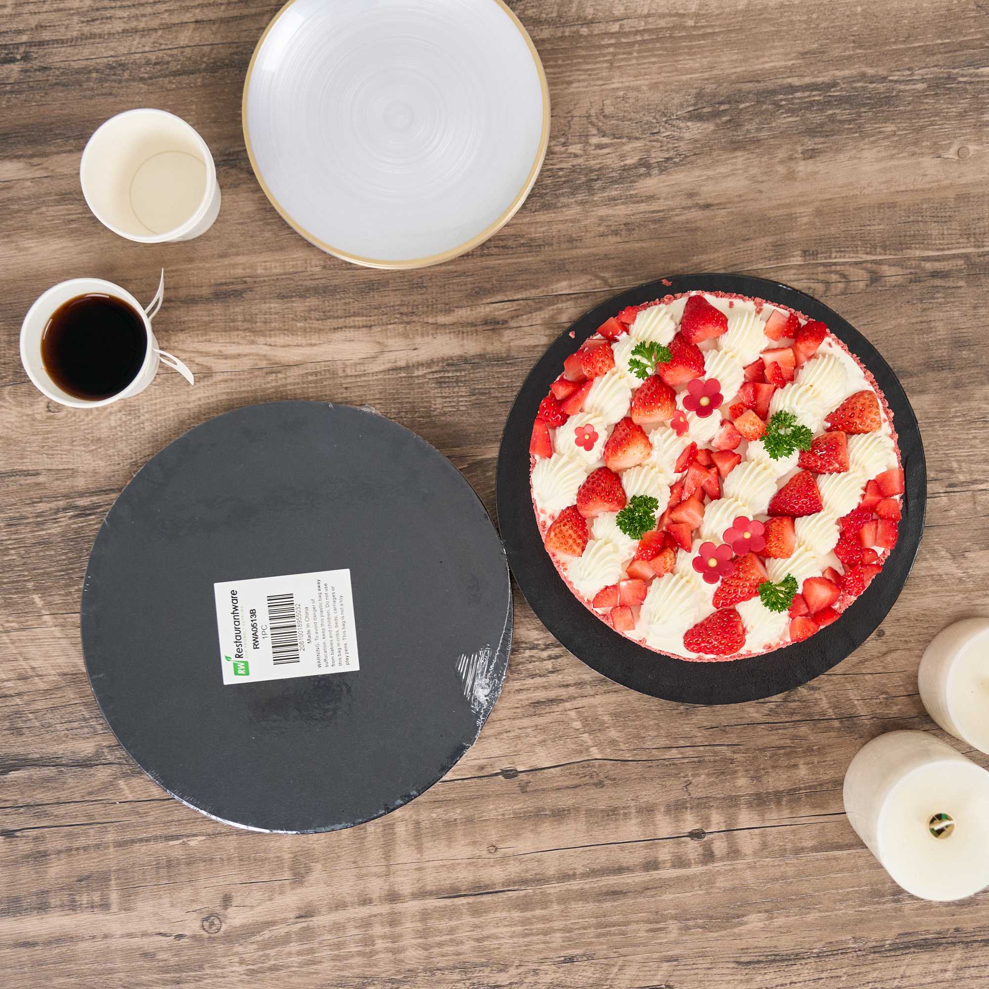 Pastry Tek Round Black Cardboard Cake Drum Board - Covered Edge - 10" x 10" x 1/2" - 1 count box