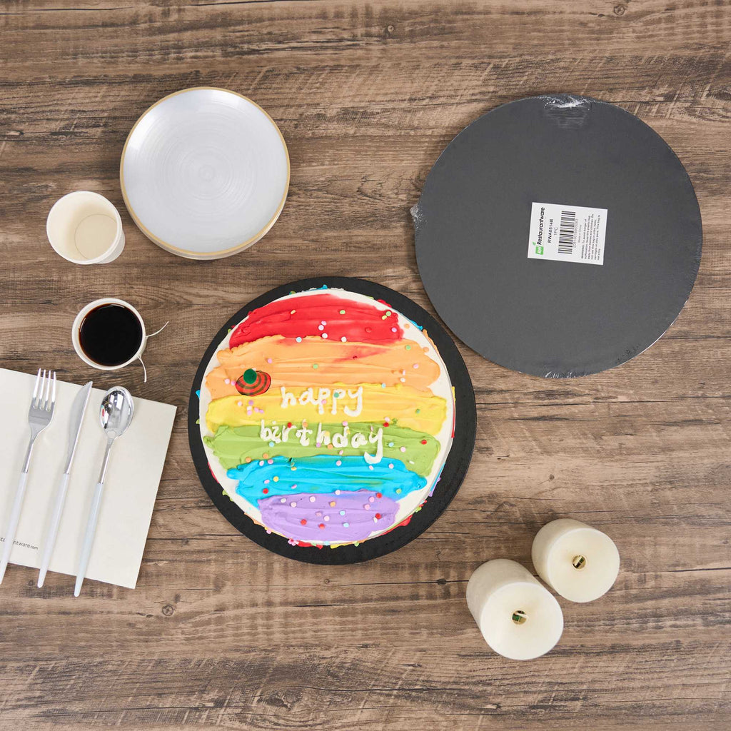 Pastry Tek Round Black Cardboard Cake Drum Board - Covered Edge - 12" x 12" x 1/2" - 1 count box