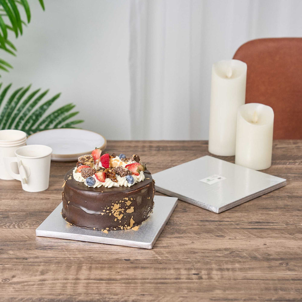 Pastry Tek Square Metallic Silver Cardboard Cake Drum Board - Covered Edge - 8" x 8" x 1/2" - 1 count box