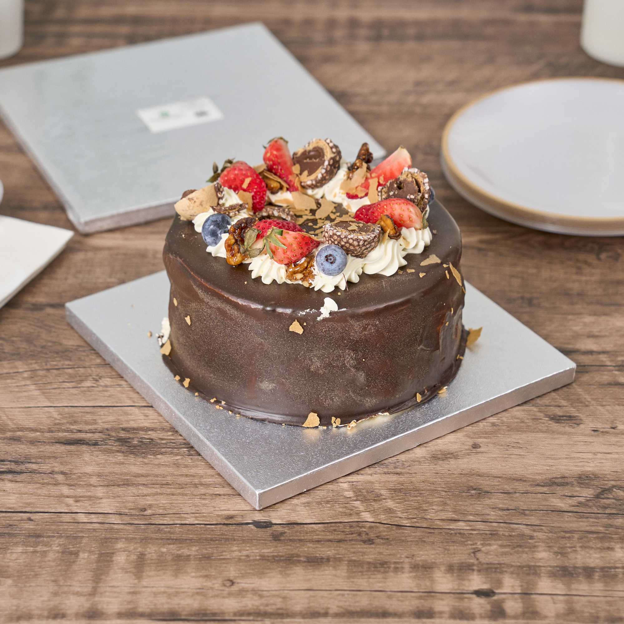 Pastry Tek Square Metallic Silver Cardboard Cake Drum Board - Covered Edge - 8" x 8" x 1/2" - 1 count box