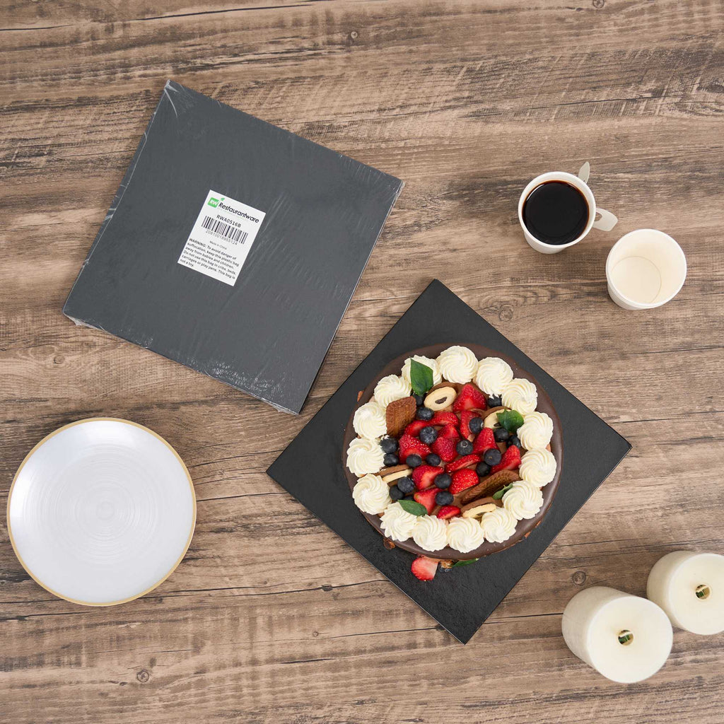 Pastry Tek Square Black Cardboard Cake Drum Board - Covered Edge - 10" x 10" x 1/2" - 1 count box