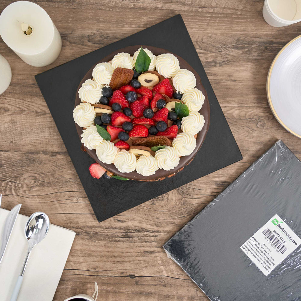 Pastry Tek Square Black Cardboard Cake Drum Board - Covered Edge - 10" x 10" x 1/2" - 1 count box