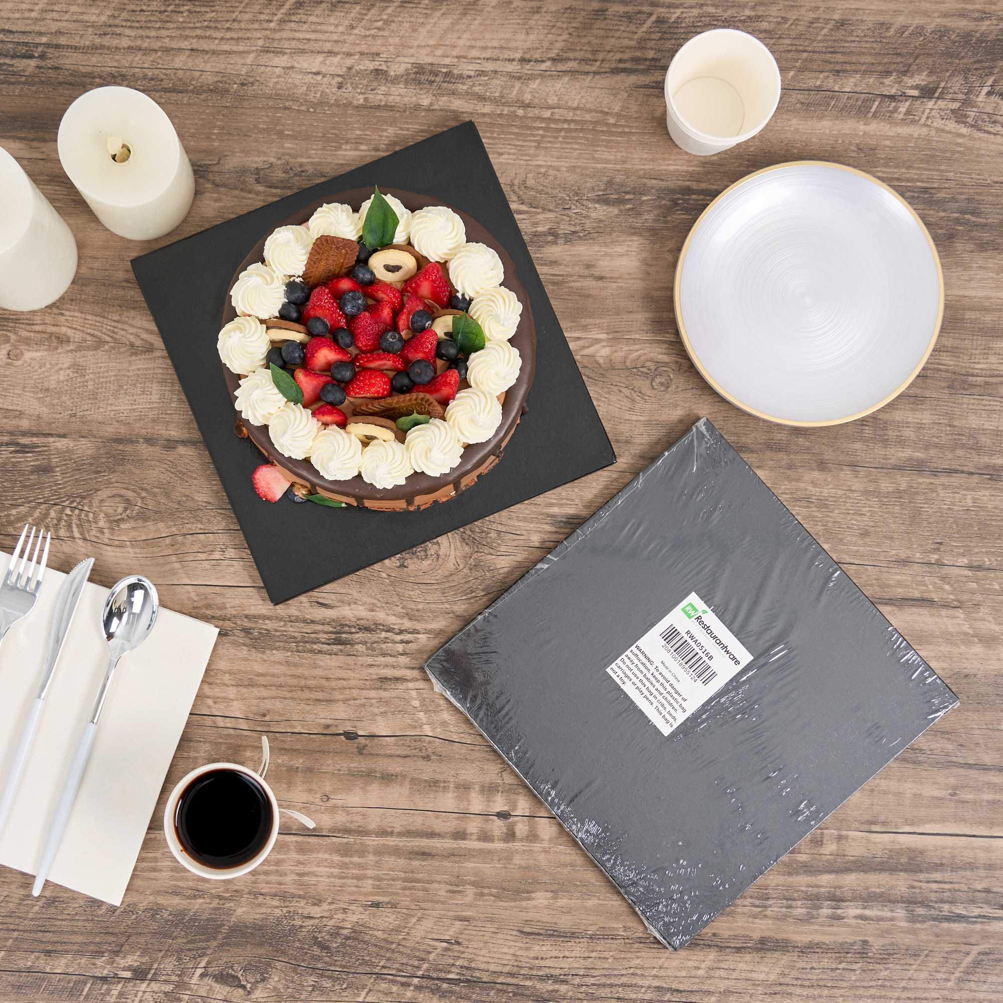 Pastry Tek Square Black Cardboard Cake Drum Board - Covered Edge - 10" x 10" x 1/2" - 1 count box