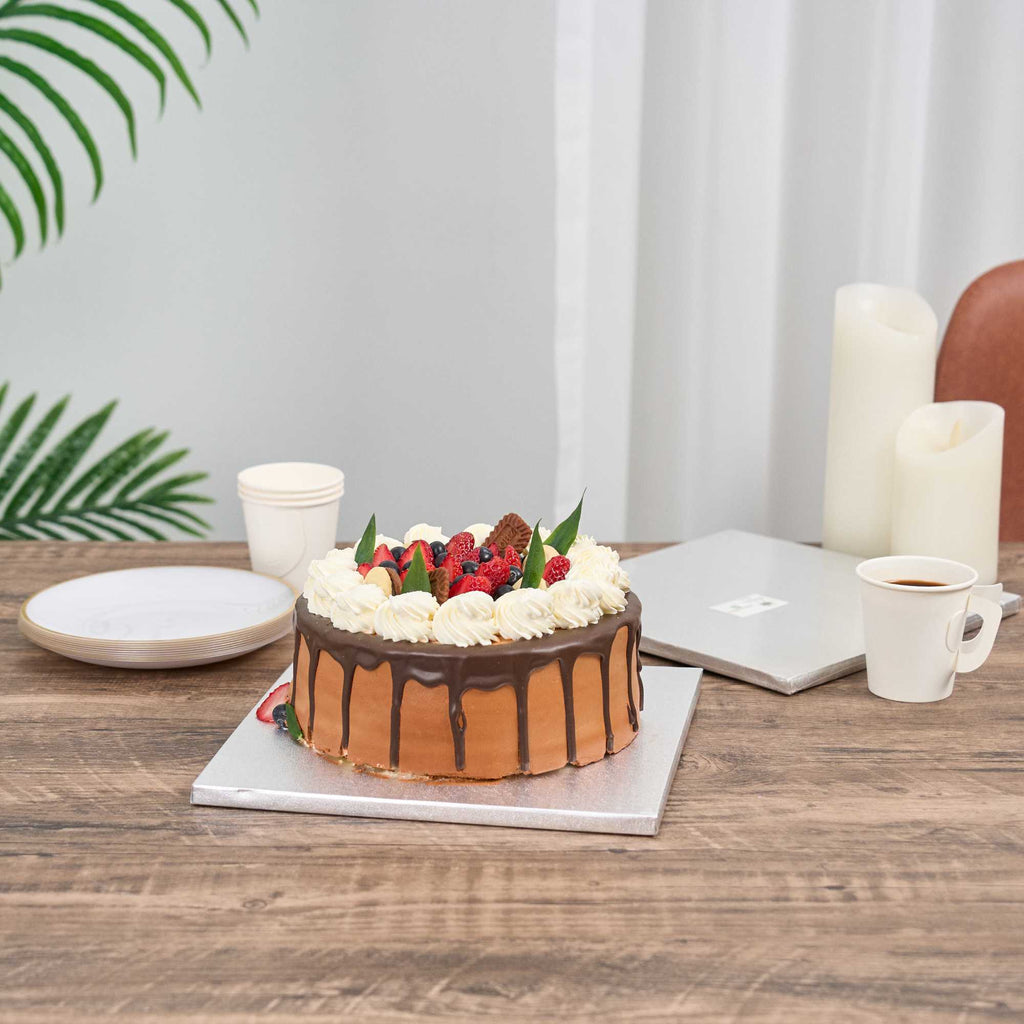 Pastry Tek Square Metallic Silver Cardboard Cake Drum Board - Covered Edge - 10" x 10" x 1/2" - 1 count box