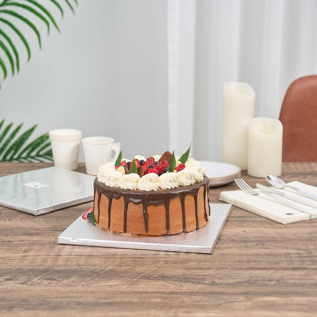 Pastry Tek Square Metallic Silver Cardboard Cake Drum Board - Covered Edge - 10" x 10" x 1/2" - 1 count box
