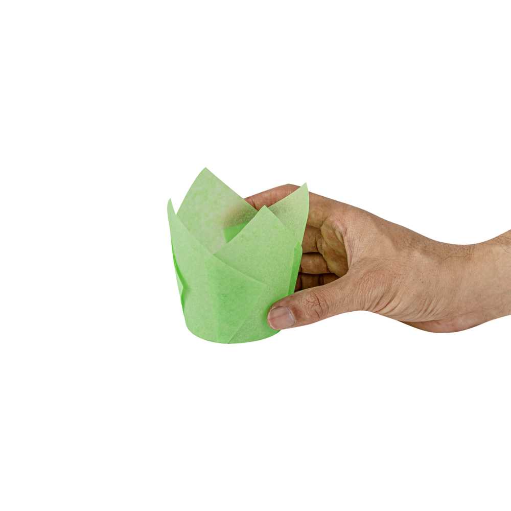 Panificio 4 oz Green Paper Tulip Baking Cup - Greaseproof - 3 1/2" x 3 1/2" x 3 1/2" - 200 count box