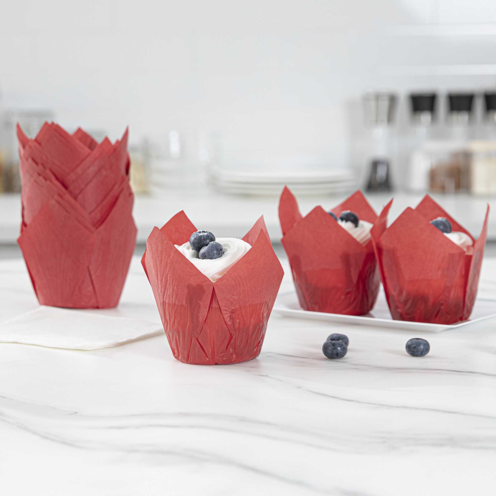 Panificio 4 oz Red Paper Tulip Baking Cup - Greaseproof - 3 1/2" x 3 1/2" x 3 1/2" - 200 count box