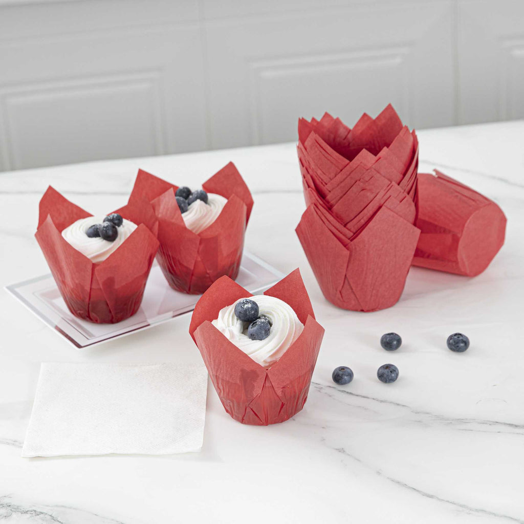 Panificio 4 oz Red Paper Tulip Baking Cup - Greaseproof - 3 1/2" x 3 1/2" x 3 1/2" - 200 count box