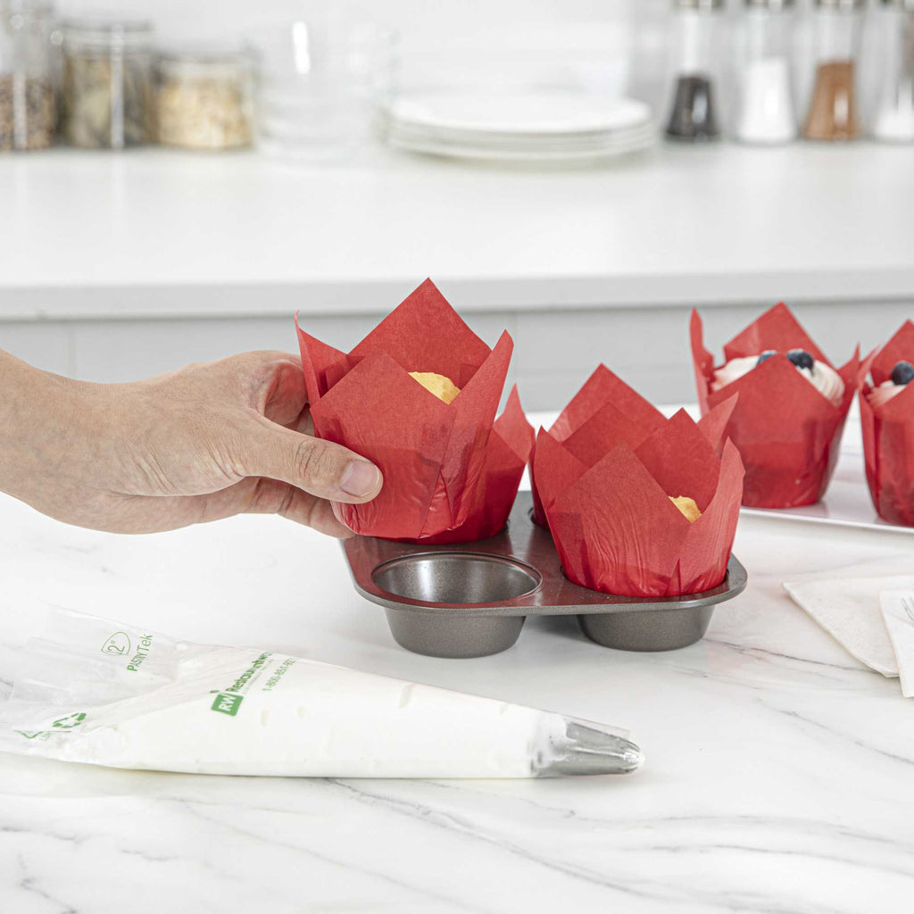 Panificio 4 oz Red Paper Tulip Baking Cup - Greaseproof - 3 1/2" x 3 1/2" x 3 1/2" - 200 count box