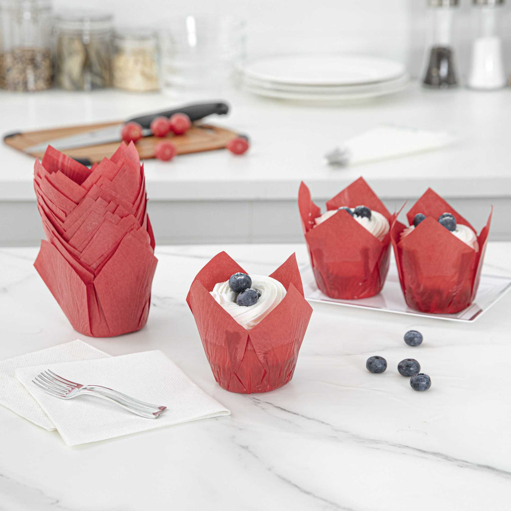 Panificio 4 oz Red Paper Tulip Baking Cup - Greaseproof - 3 1/2" x 3 1/2" x 3 1/2" - 200 count box