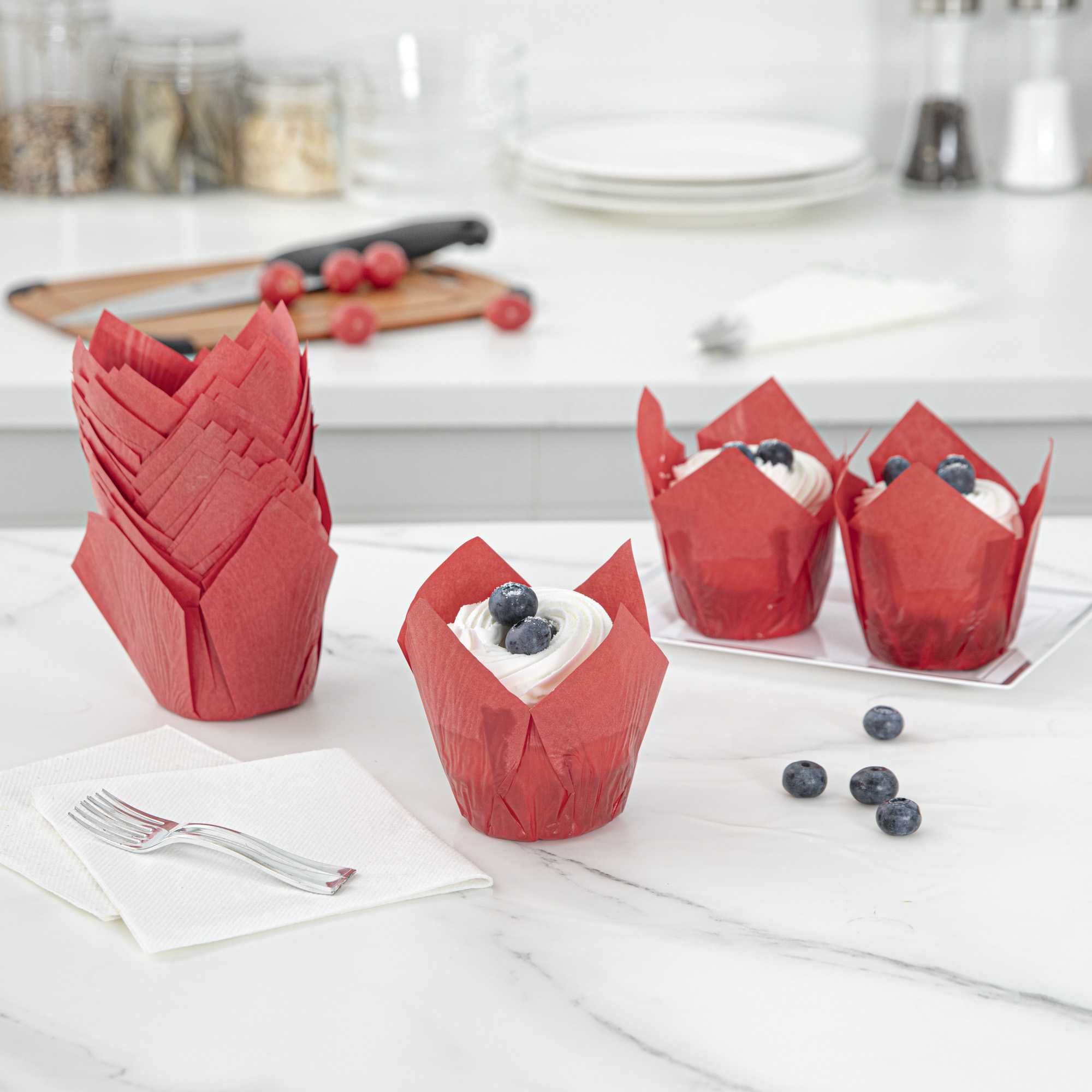 Panificio 4 oz Red Paper Tulip Baking Cup - Greaseproof - 3 1/2" x 3 1/2" x 3 1/2" - 200 count box