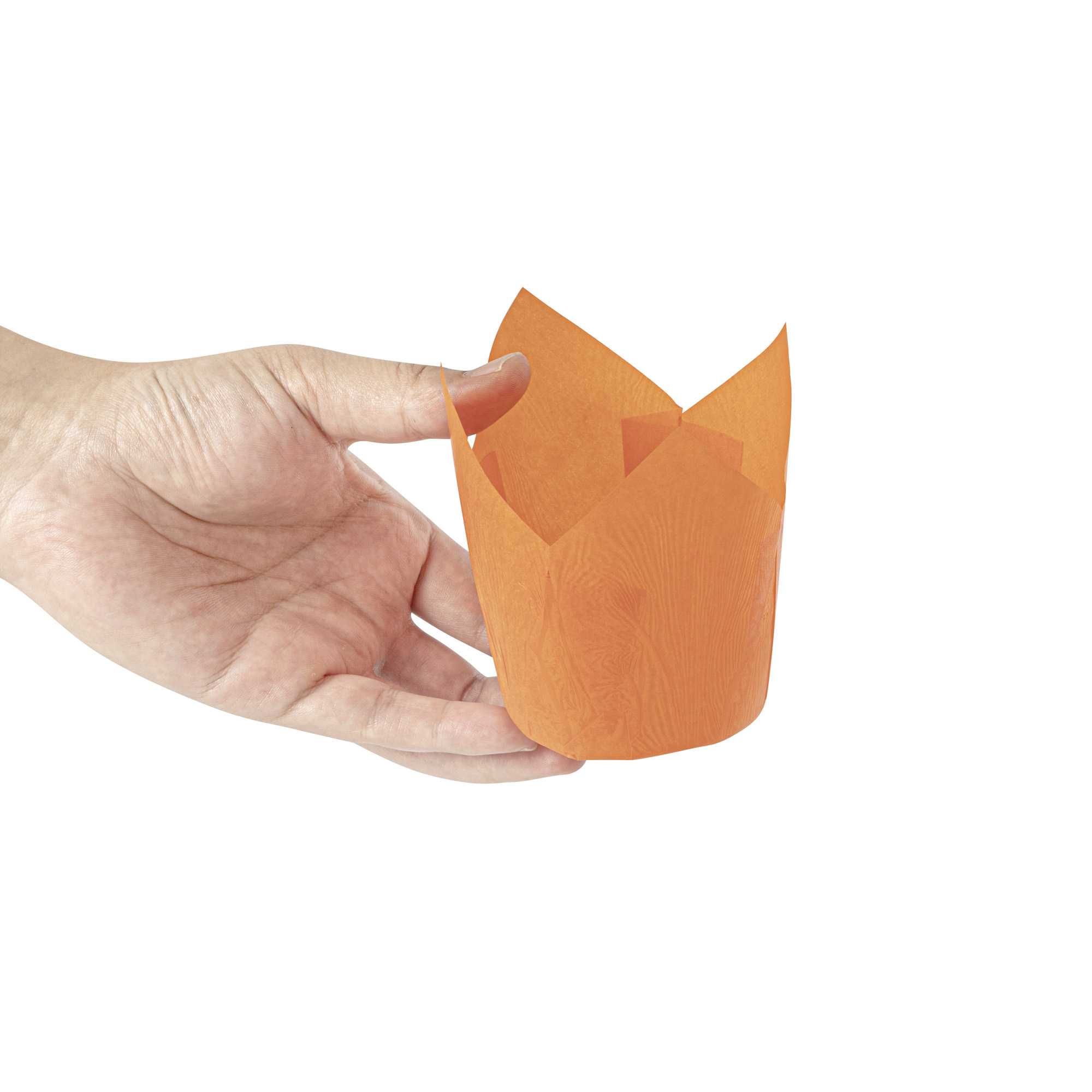 Panificio 4 oz Orange Paper Tulip Baking Cup - Greaseproof - 3 1/2" x 3 1/2" x 3 1/2" - 200 count box