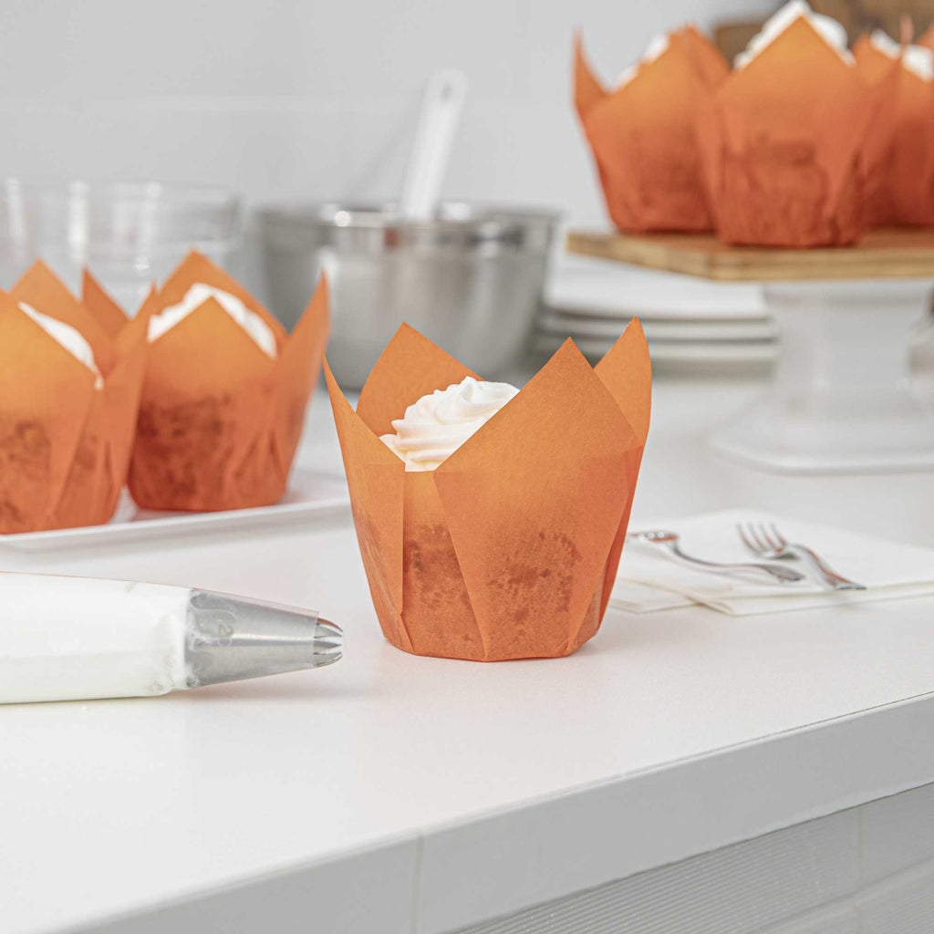 Panificio 4 oz Orange Paper Tulip Baking Cup - Greaseproof - 3 1/2" x 3 1/2" x 3 1/2" - 200 count box