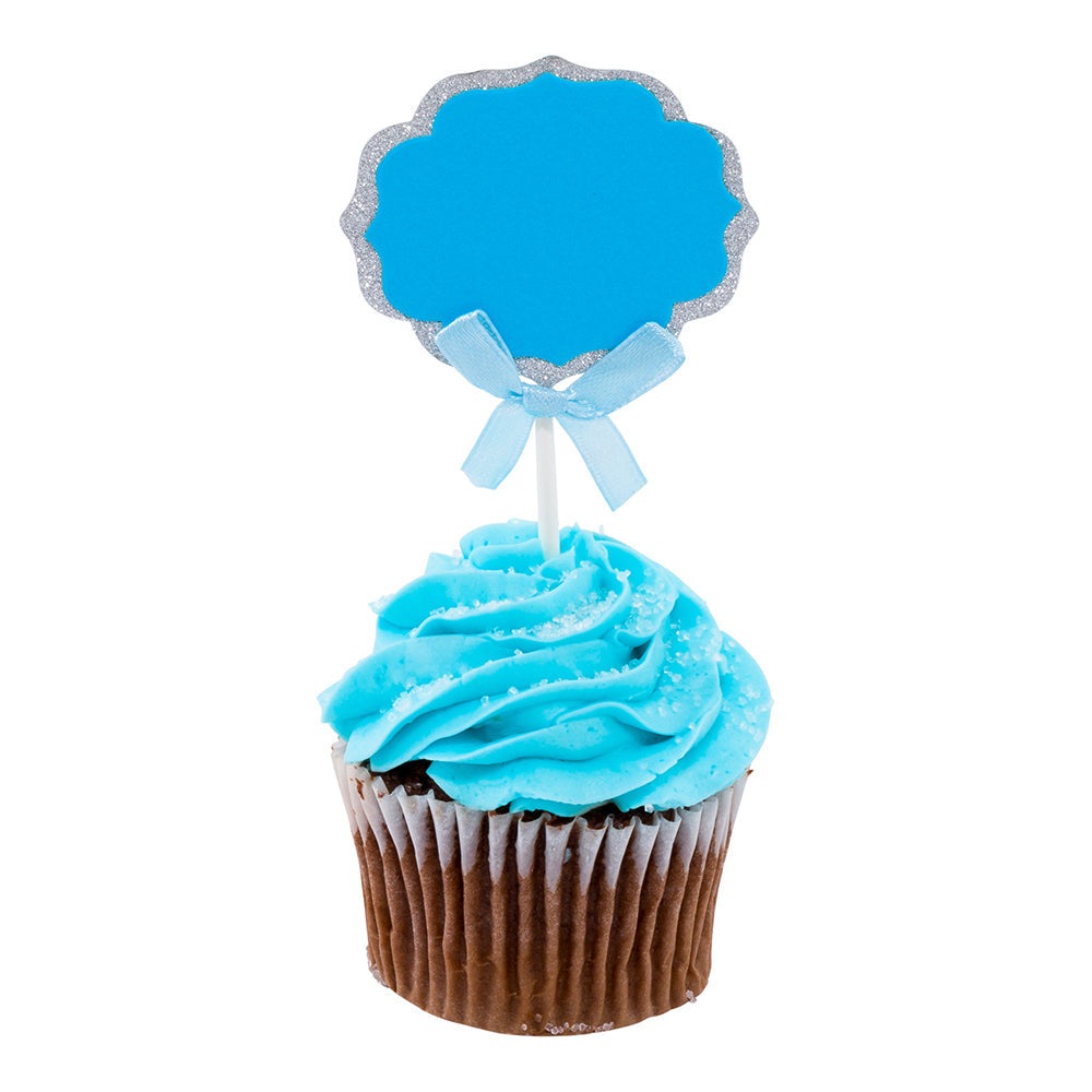 Top Cake Blue Paper DIY Personalized Cake Topper - Bow, Silver Glitter Rim - 4 1/2" x 2 1/2" - 10 count box