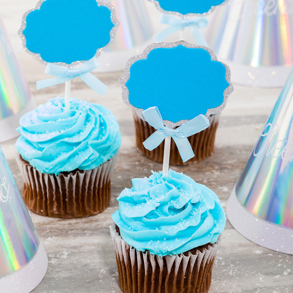 Top Cake Blue Paper DIY Personalized Cake Topper - Bow, Silver Glitter Rim - 4 1/2" x 2 1/2" - 100 count box