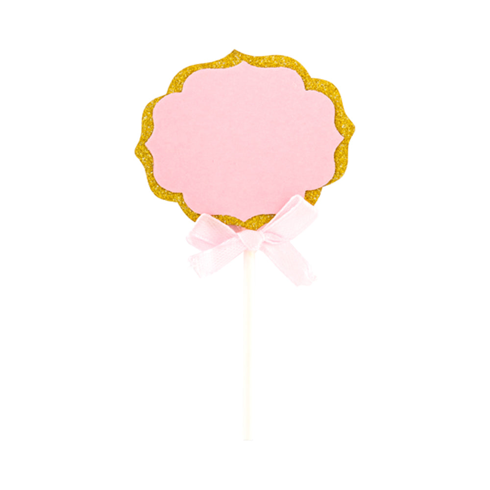 Top Cake Pink Paper DIY Personalized Cake Topper - Bow, Gold Glitter Rim - 4 1/2" x 2 1/2" - 10 count box