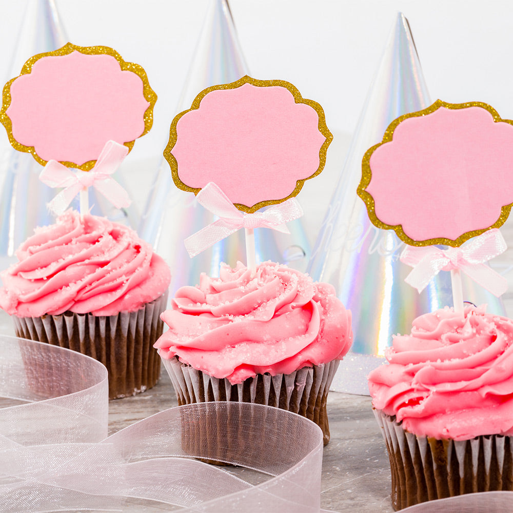 Top Cake Pink Paper DIY Personalized Cake Topper - Bow, Gold Glitter Rim - 4 1/2" x 2 1/2" - 100 count box