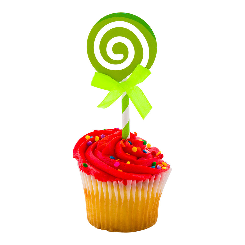 Top Cake Green Paper Swirl Lollipop Cake Topper - Neon Green Bow - 5 1/4" x 2" - 10 count box