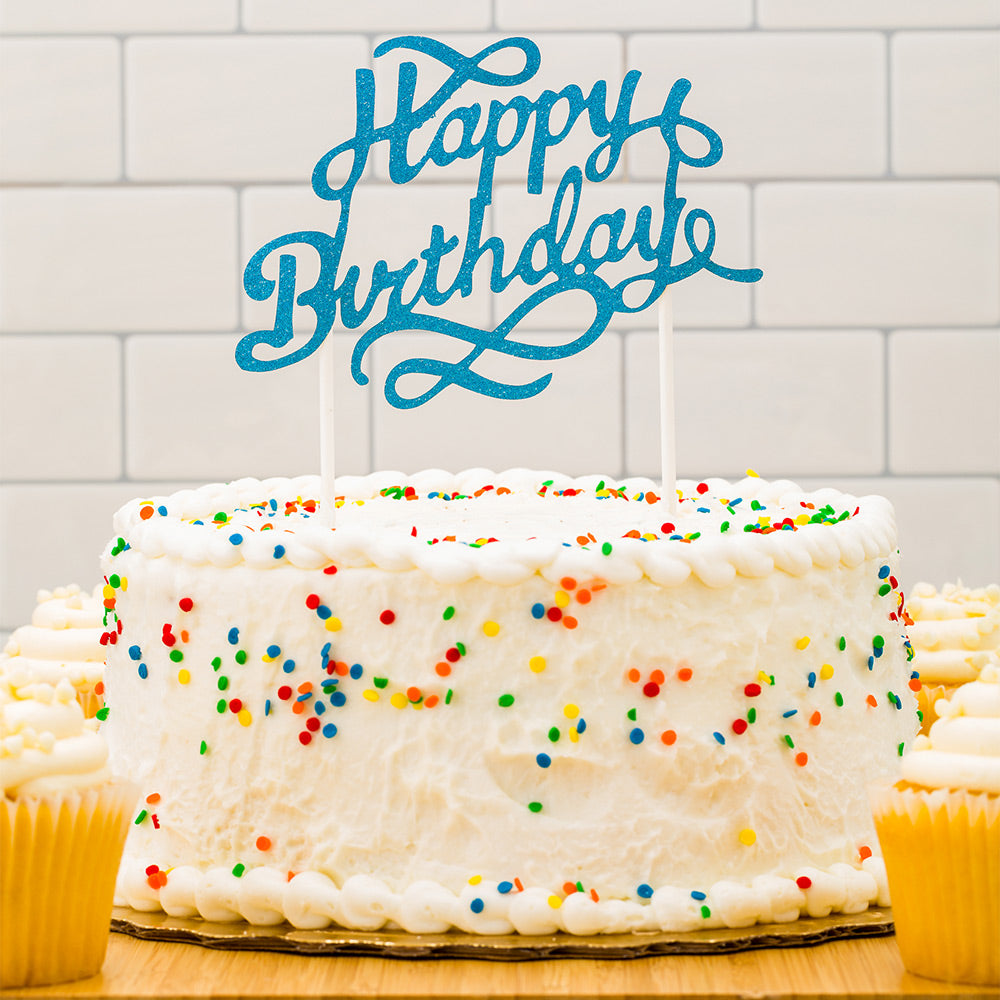 Top Cake Blue Paper Happy Birthday Cake Topper - Glitter - 6" x 6" - 10 count box