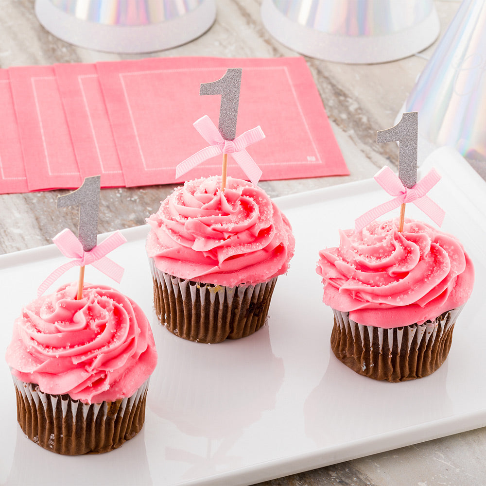 Top Cake Pink Paper One Cake Topper - Silver Glitter, Pink Bow - 3 1/2" x 1 1/2" - 10 count box