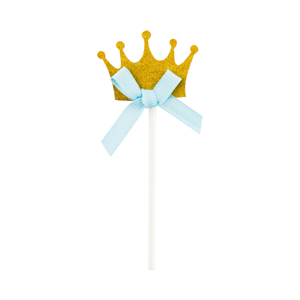 Top Cake Gold Paper Crown Cake Topper - Glitter, Blue Bow - 3 3/4" x 1 1/2" - 10 count box