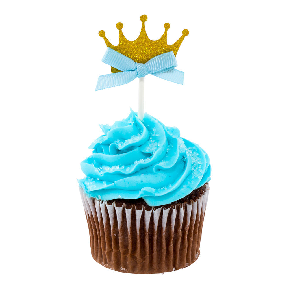 Top Cake Gold Paper Crown Cake Topper - Glitter, Blue Bow - 3 3/4" x 1 1/2" - 10 count box