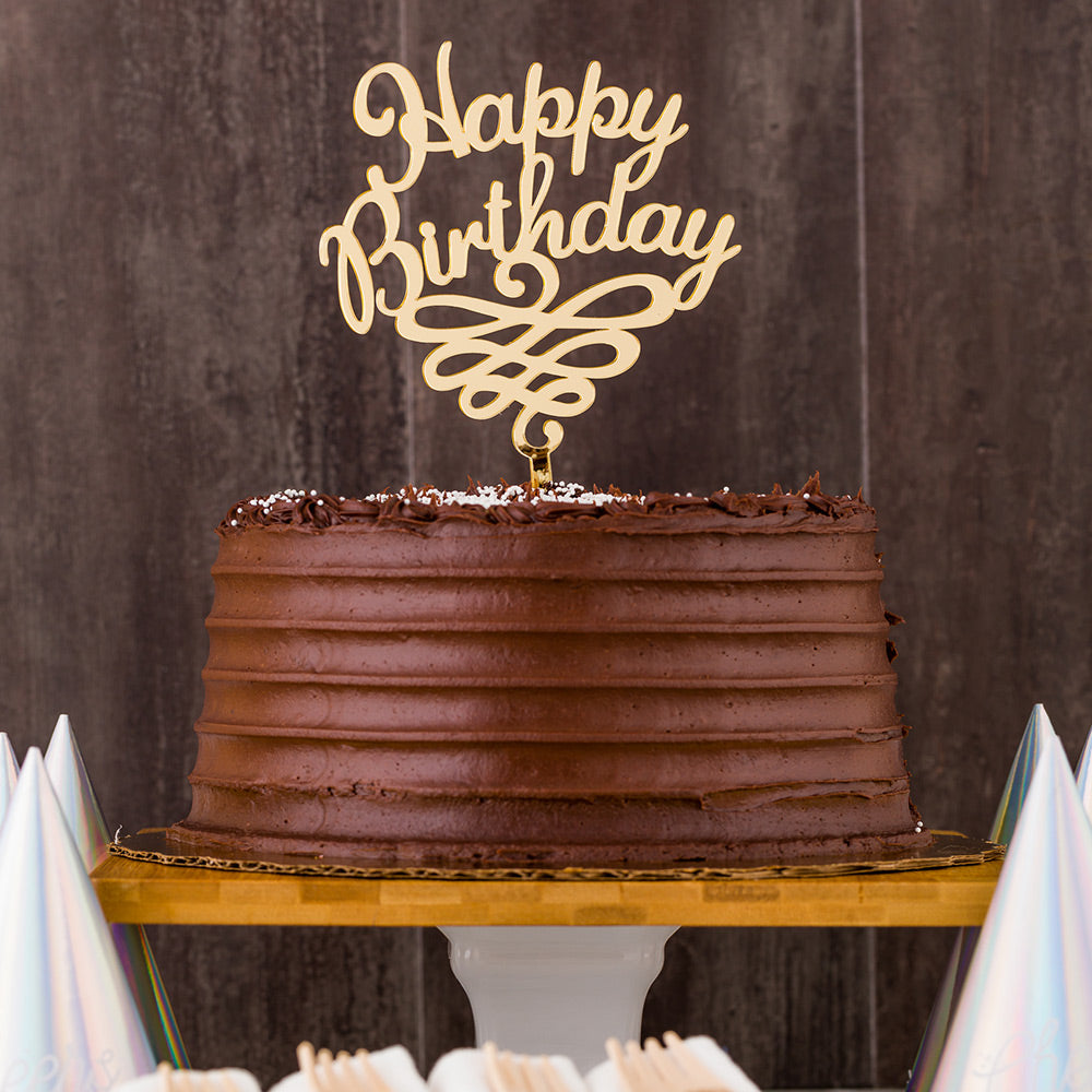 Top Cake Gold Acrylic Happy Birthday Cake Topper - Mirrored, Swirls - 6 1/2" x 5" - 1 count box