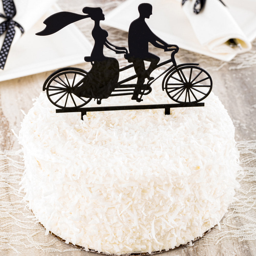 Top Cake Black Acrylic Silhouette Bride and Groom Cake Topper - Tandem Bike - 6 1/2" x 5" - 1 count box