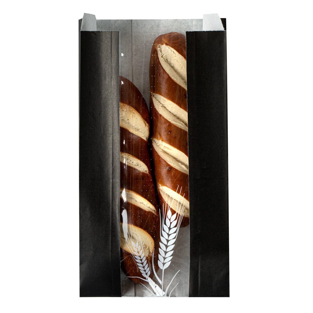 Bag Tek Black Paper Bread Bag - Micro-Perforated, Greaseproof, Wheat Pattern - 5 3/4" x 2 3/4" x 11 1/2" - 100 count box