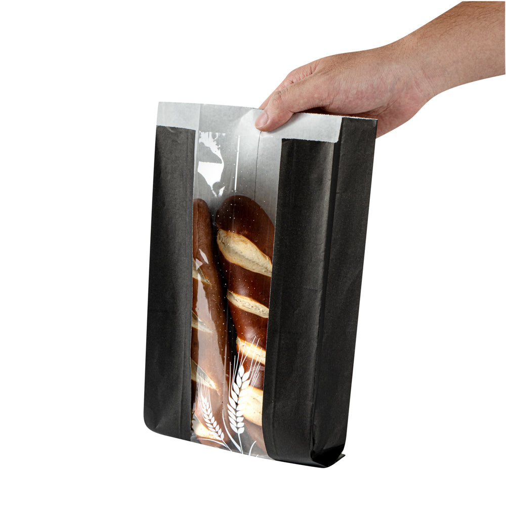 Bag Tek Black Paper Bread Bag - Micro-Perforated, Greaseproof, Wheat Pattern - 5 3/4" x 2 3/4" x 11 1/2" - 100 count box