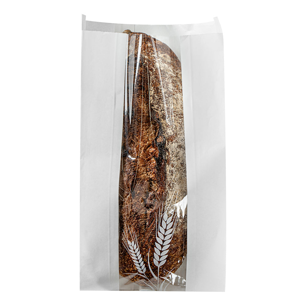 Bag Tek White Paper Bread Bag - Micro-Perforated, Greaseproof, Wheat Pattern - 5 3/4" x 2 3/4" x 11 1/2" - 100 count box