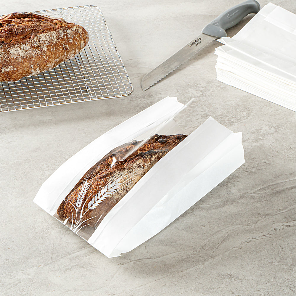 Bag Tek White Paper Bread Bag - Micro-Perforated, Greaseproof, Wheat Pattern - 5 3/4" x 2 3/4" x 11 1/2" - 100 count box