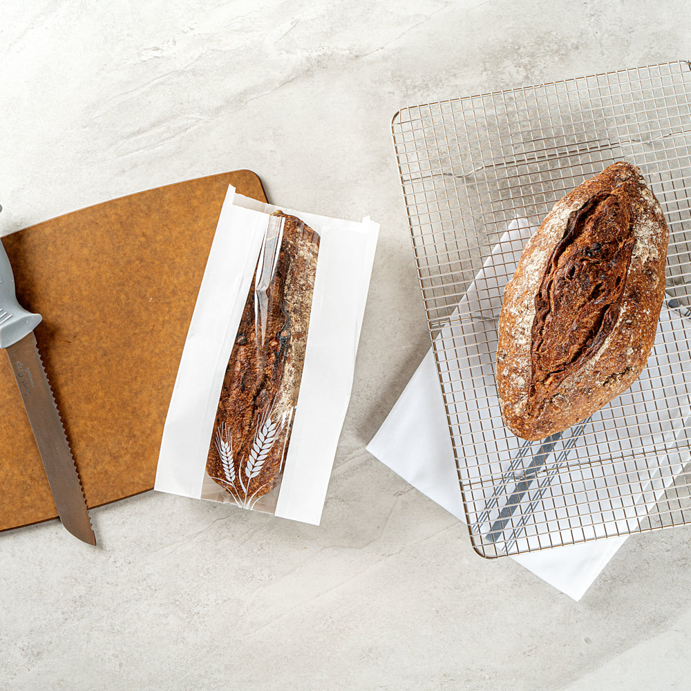 Bag Tek White Paper Bread Bag - Micro-Perforated, Greaseproof, Wheat Pattern - 5 3/4" x 2 3/4" x 11 1/2" - 100 count box