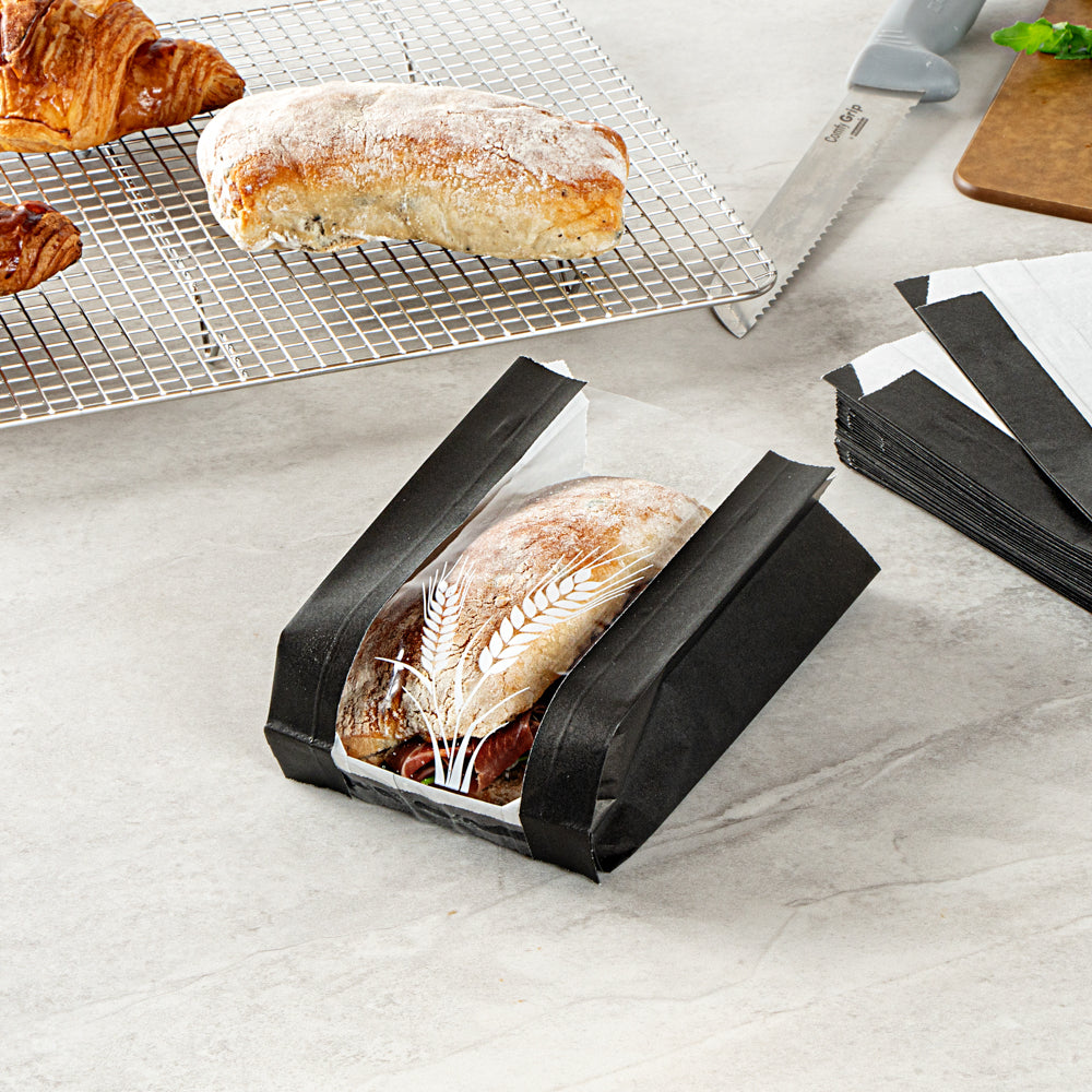 Bag Tek Black Paper Bread Bag - Micro-Perforated, Greaseproof, Wheat Pattern - 4 1/2" x 2 1/2" x 8 1/2" - 100 count box