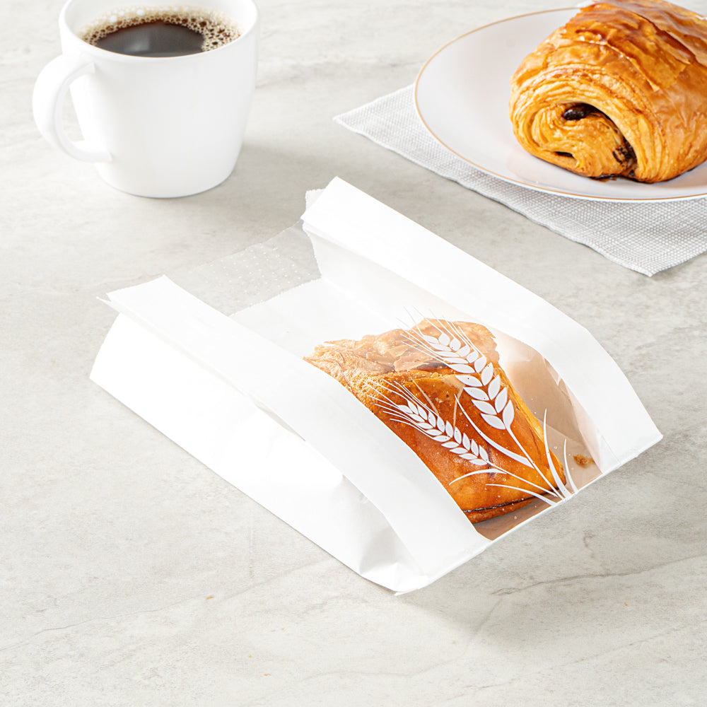 Bag Tek White Paper Bread Bag - Micro-Perforated, Greaseproof, Wheat Pattern - 4 1/2" x 2 1/2" x 8 1/2" - 100 count box