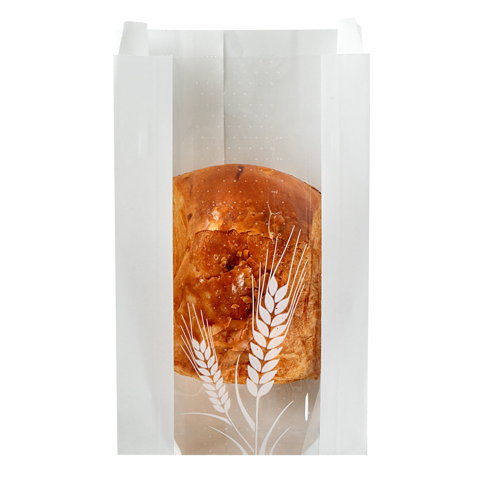 Bag Tek White Paper Bread Bag - Micro-Perforated, Greaseproof, Wheat Pattern - 4 1/2" x 2 1/2" x 8 1/2" - 100 count box