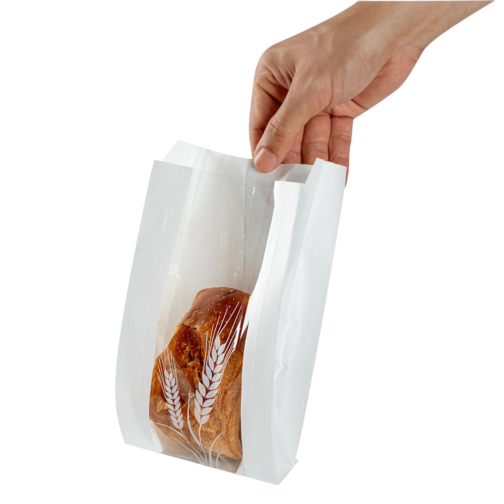 Bag Tek White Paper Bread Bag - Micro-Perforated, Greaseproof, Wheat Pattern - 4 1/2" x 2 1/2" x 8 1/2" - 100 count box