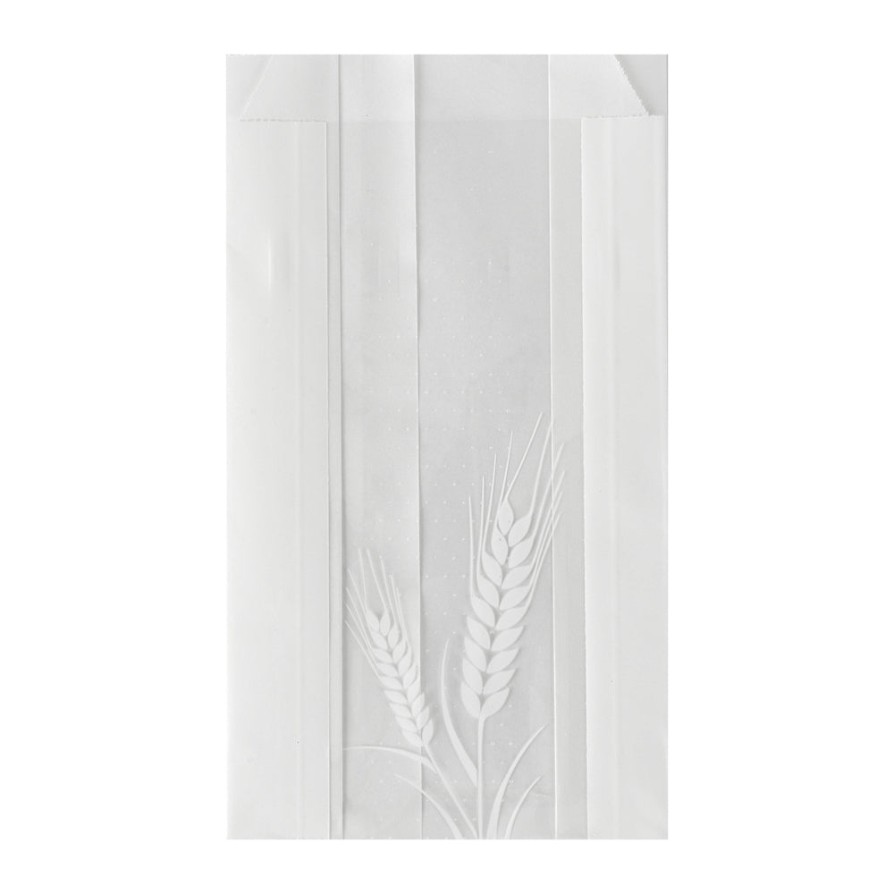Bag Tek White Paper Bread Bag - Micro-Perforated, Greaseproof, Wheat Pattern - 4 1/2" x 2 1/2" x 8 1/2" - 100 count box