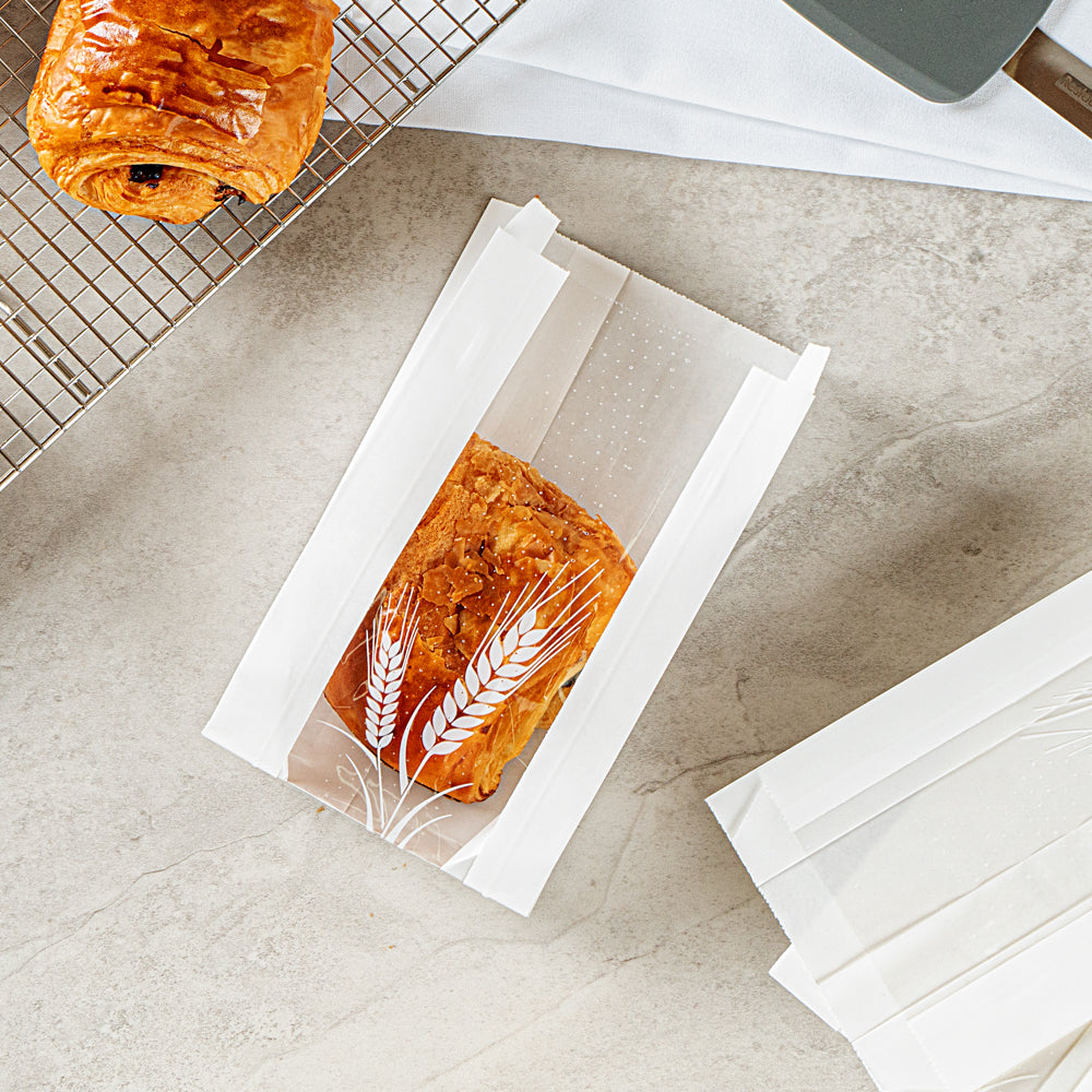 Bag Tek White Paper Bread Bag - Micro-Perforated, Greaseproof, Wheat Pattern - 4 1/2" x 2 1/2" x 8 1/2" - 100 count box
