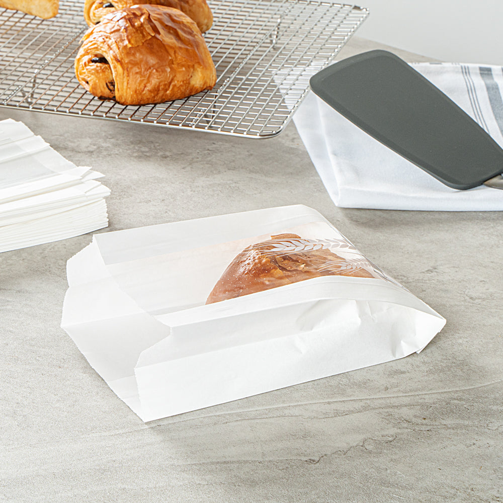 Bag Tek White Paper Bread Bag - Micro-Perforated, Greaseproof, Wheat Pattern - 4 1/2" x 2 1/2" x 8 1/2" - 100 count box