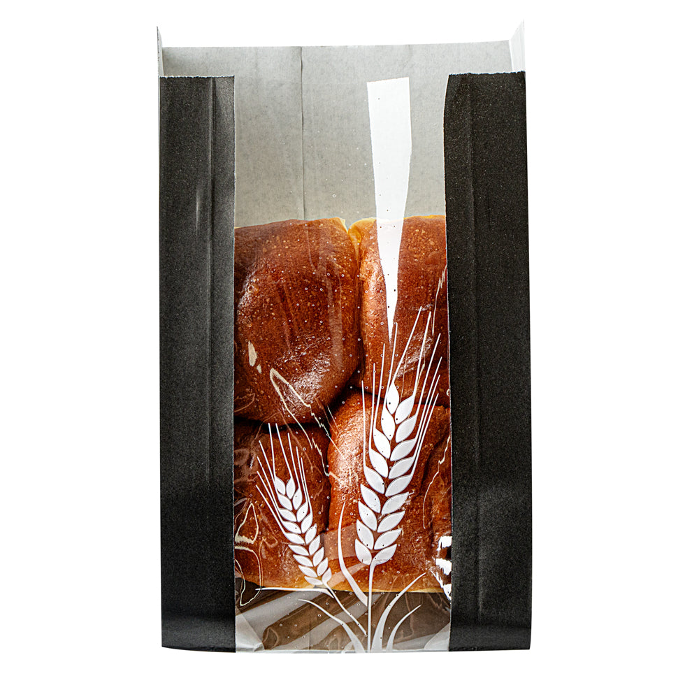Bag Tek Black Paper Bread Bag - Micro-Perforated, Greaseproof, Wheat Pattern - 4 3/4" x 2 3/4" x 8 1/2" - 100 count box
