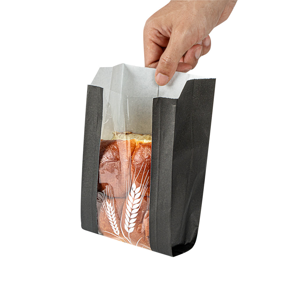 Bag Tek Black Paper Bread Bag - Micro-Perforated, Greaseproof, Wheat Pattern - 4 3/4" x 2 3/4" x 8 1/2" - 100 count box