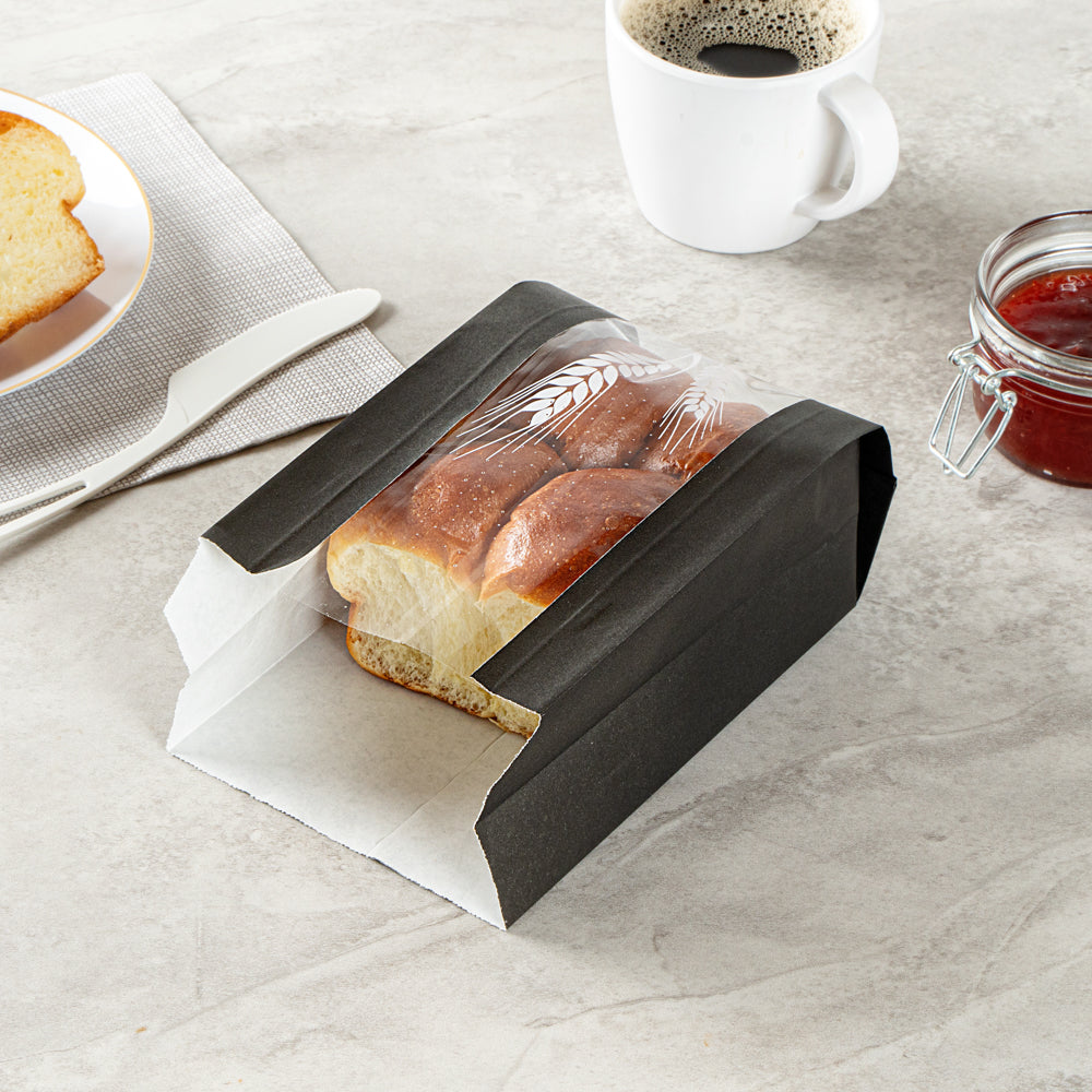 Bag Tek Black Paper Bread Bag - Micro-Perforated, Greaseproof, Wheat Pattern - 4 3/4" x 2 3/4" x 8 1/2" - 100 count box