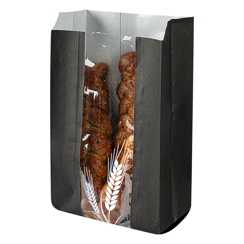 Bag Tek Black Paper Bread Bag - Micro-Perforated, Greaseproof, Wheat Pattern - 6" x 2 3/4" x 10" - 100 count box