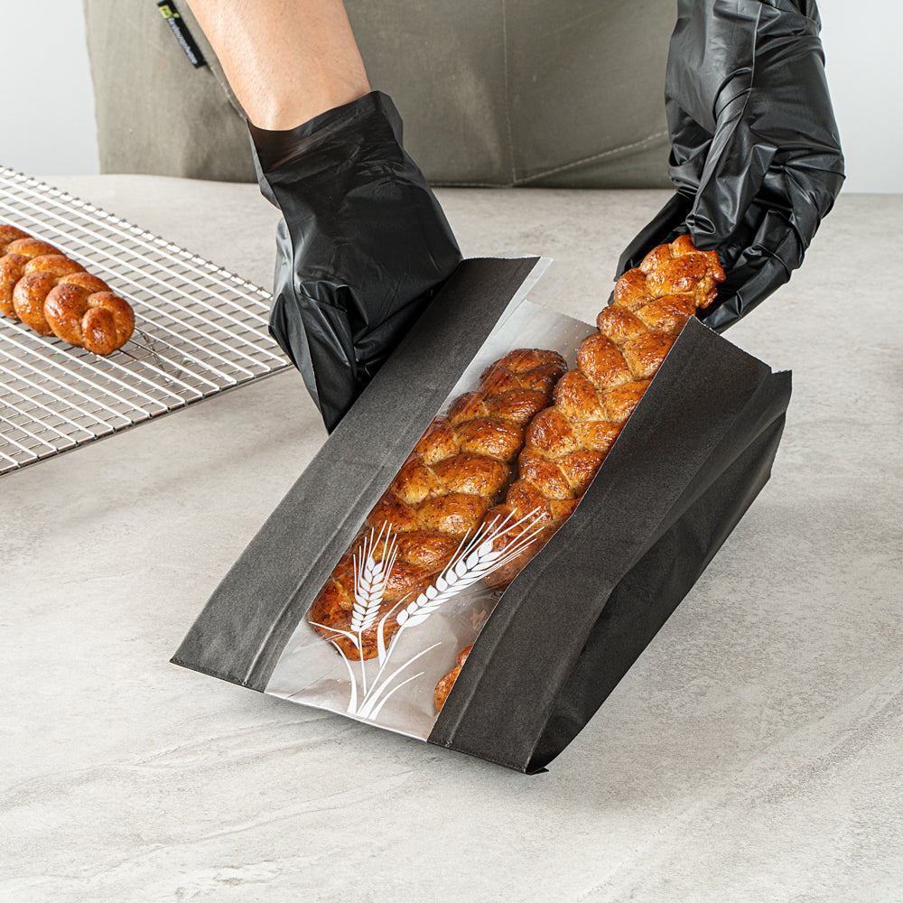 Bag Tek Black Paper Bread Bag - Micro-Perforated, Greaseproof, Wheat Pattern - 6" x 2 3/4" x 10" - 100 count box