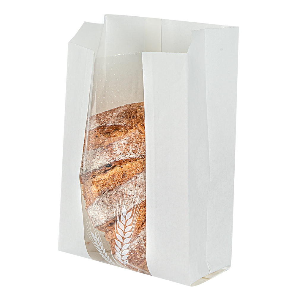 Bag Tek White Paper Bread Bag - Micro-Perforated, Greaseproof, Wheat Pattern - 6" x 2 3/4" x 10" - 100 count box