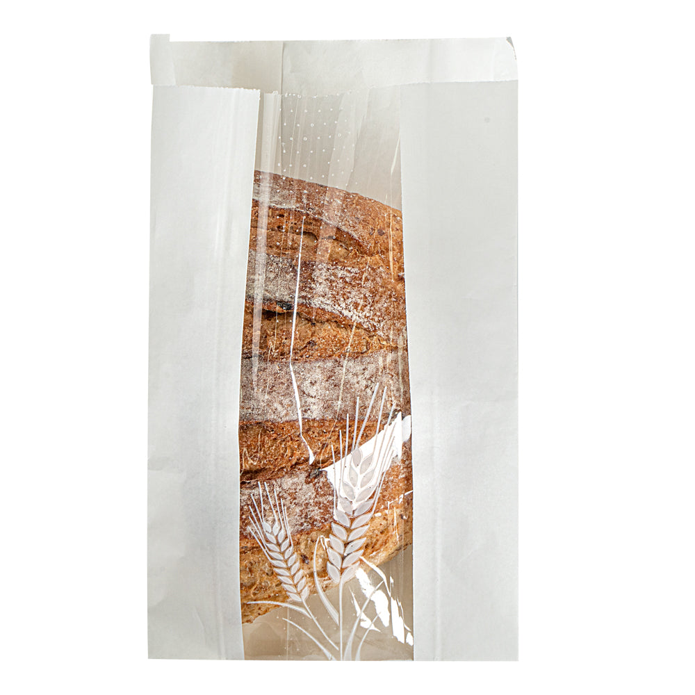 Bag Tek White Paper Bread Bag - Micro-Perforated, Greaseproof, Wheat Pattern - 6" x 2 3/4" x 10" - 100 count box
