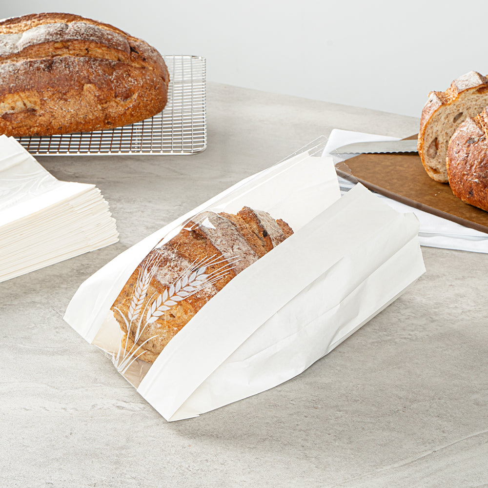 Bag Tek White Paper Bread Bag - Micro-Perforated, Greaseproof, Wheat Pattern - 6" x 2 3/4" x 10" - 100 count box