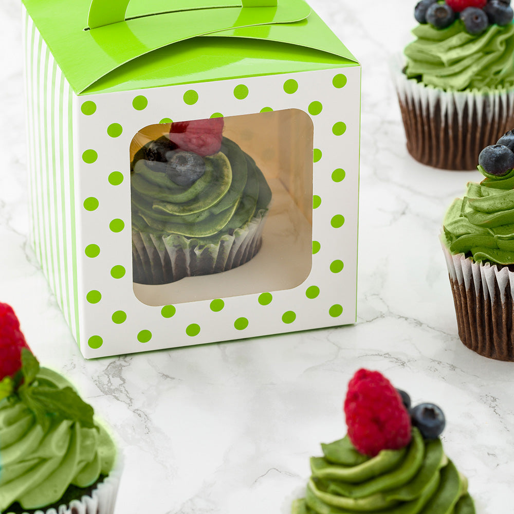 Pastry Tek Square Green Paper Cupcake Window Box - Polka Dot, Fits 1 - 4 1/2" x 4 1/2" x 4 1/2" - 100 count box